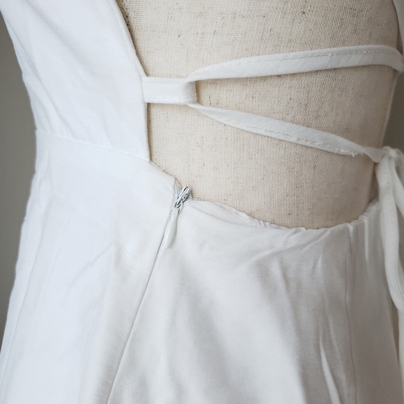 White Puff Sleeve Square Neck Lace Up Back A-line Mini Dress - Picture 5 of 9